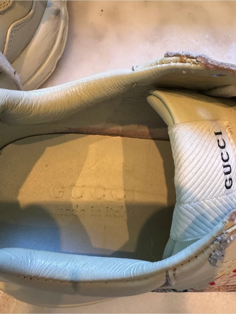 Vintage Sample Gucci Rhyton Cream Leather Tennis Shoes with Crossed Racket Logo